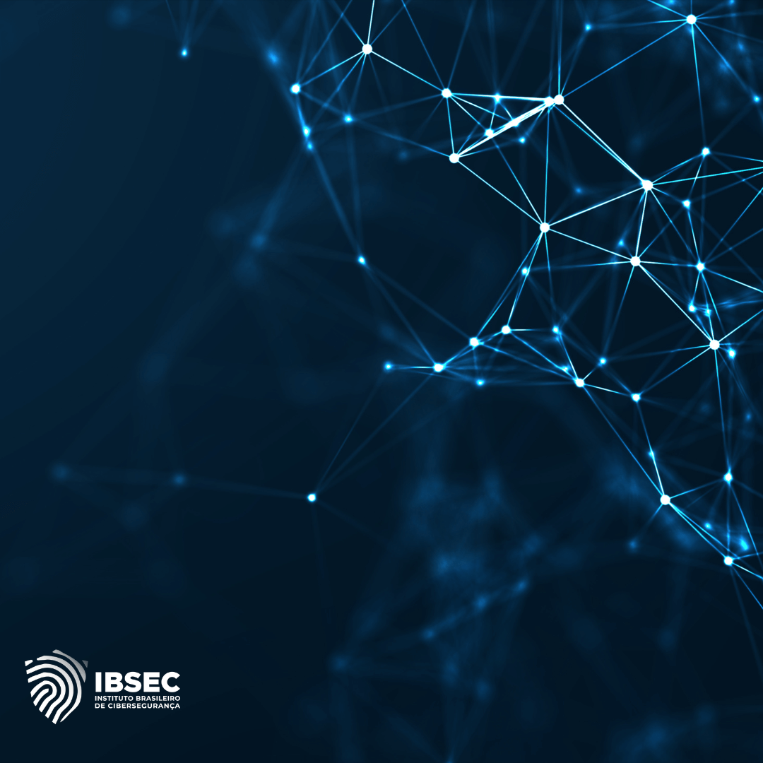 A imagem mostra um fundo azul escuro com um padrão de linhas conectadas por pontos brilhantes, formando uma rede. No canto inferior esquerdo, há o logotipo do IBSEC (Instituto Brasileiro de Cibersegurança), que inclui uma impressão digital estilizada ao lado do nome da instituição. A imagem sugere uma temática de tecnologia e segurança cibernética.