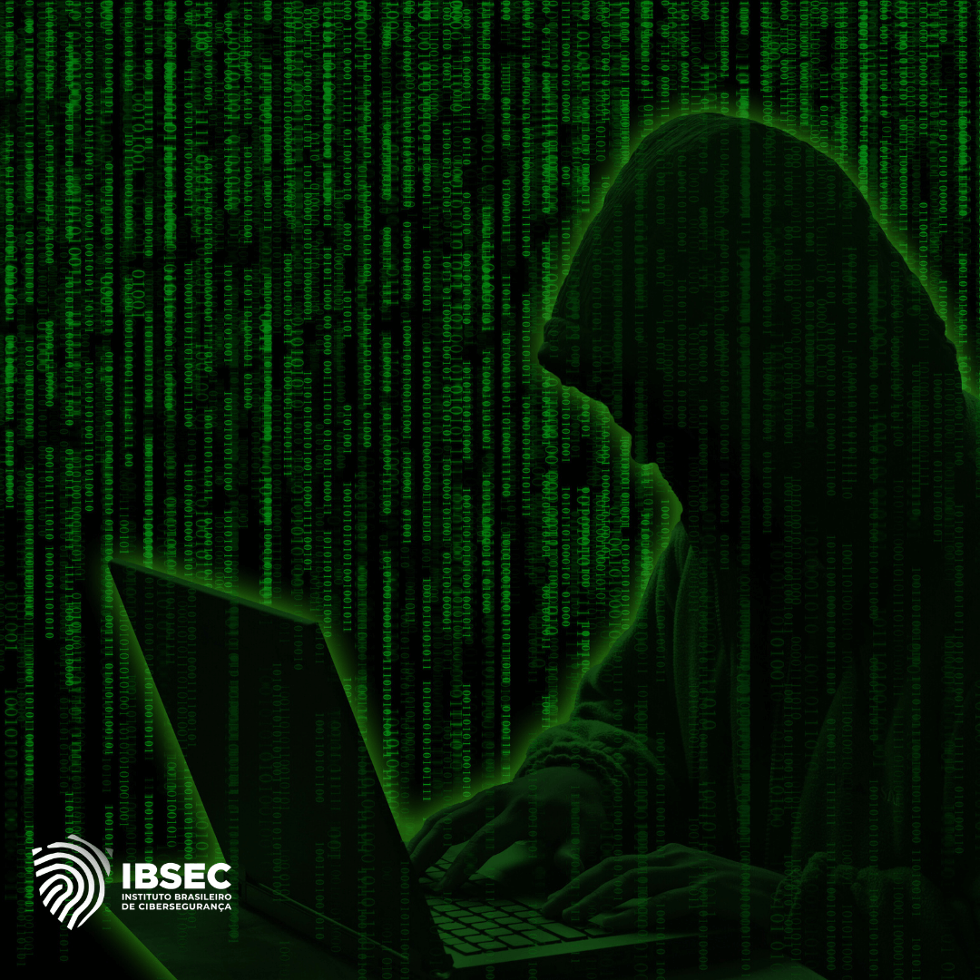 A imagem mostra a silhueta de uma pessoa usando um moletom com capuz, sentada em frente a um laptop. O fundo da imagem é preenchido por uma matriz de caracteres em verde, reminiscentes da estética do filme "Matrix". Na parte inferior esquerda, há o logotipo do Instituto Brasileiro de Cibersegurança (IBSEC), que inclui uma impressão digital estilizada e o texto "IBSEC Instituto Brasileiro de Cibersegurança". A imagem transmite uma sensação de cibersegurança e hacking.