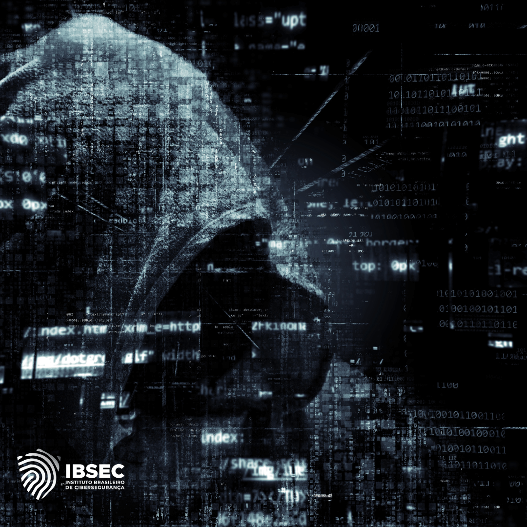 A imagem apresenta um ambiente cibernético sombrio, com a figura de uma pessoa encapuzada ao centro, representando um hacker. O fundo está repleto de códigos e elementos digitais flutuantes, simbolizando a complexidade e a intrusão no mundo da cibersegurança. No canto inferior esquerdo, está o logotipo do Instituto Brasileiro de Cibersegurança (IBSEC).