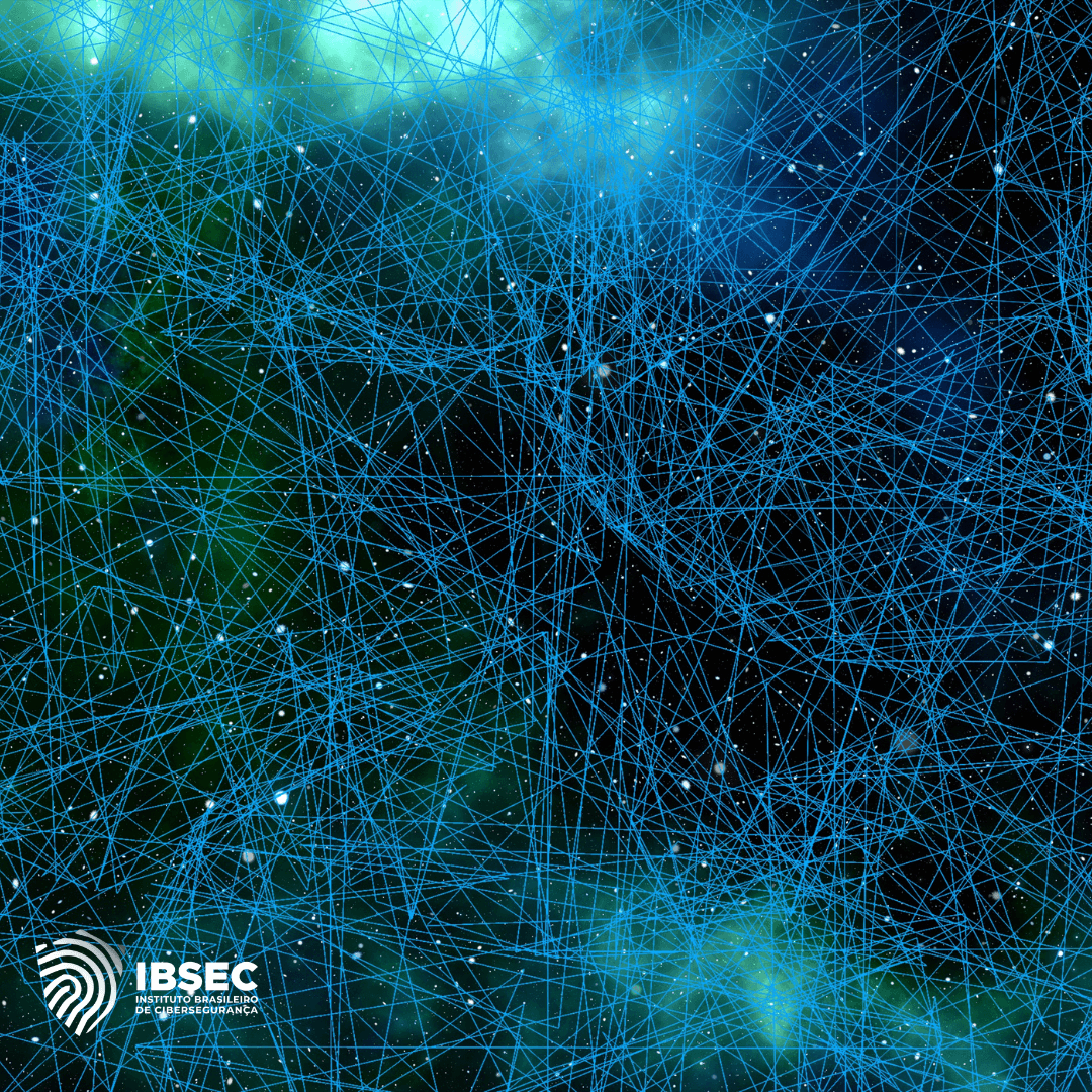 Imagem de um fundo escuro com uma rede complexa de linhas azuis entrelaçadas, representando uma visualização de dados ou uma rede de cibersegurança. No canto inferior esquerdo, há o logotipo do IBSEC, Instituto Brasileiro de Cibersegurança.