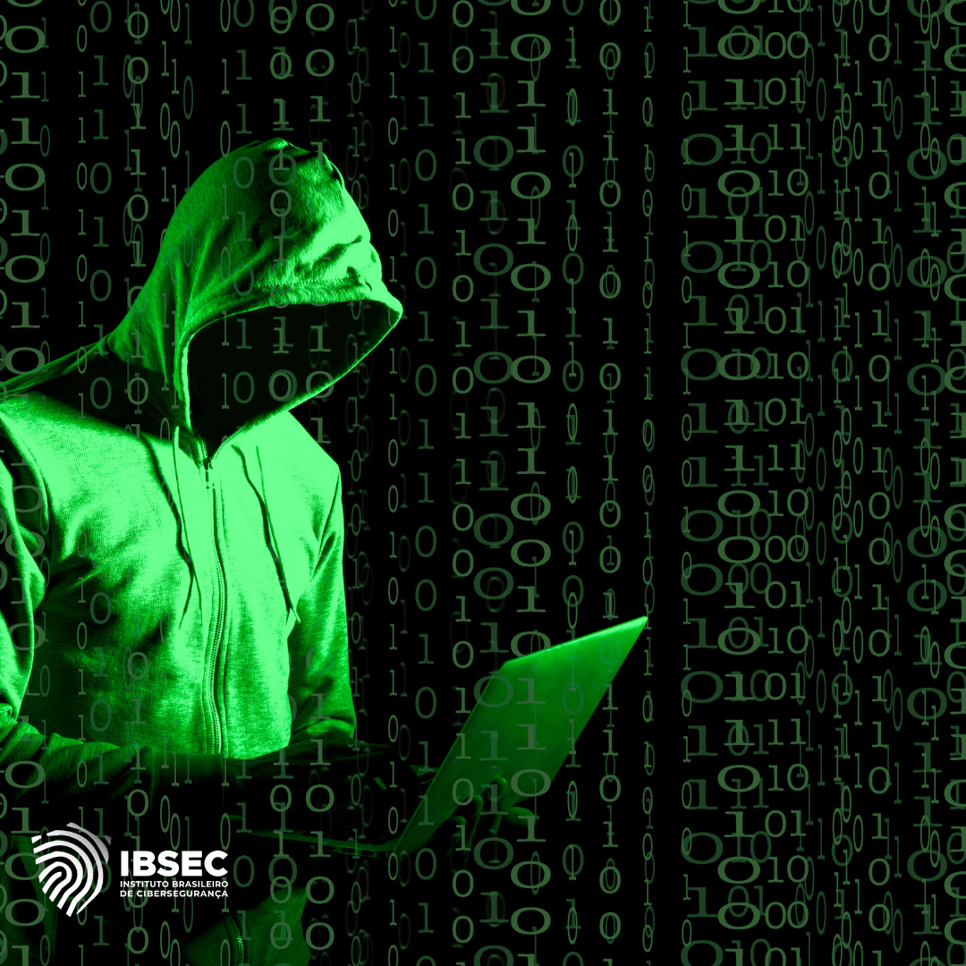 Figura de uma pessoa com um capuz verde, simbolizando um hacker, trabalhando em um laptop. A imagem de fundo é composta por códigos binários (0 e 1) em verde, evocando o tema de segurança cibernética. O logotipo do IBSEC (Instituto Brasileiro de Cibersegurança) está presente no canto inferior esquerdo da imagem