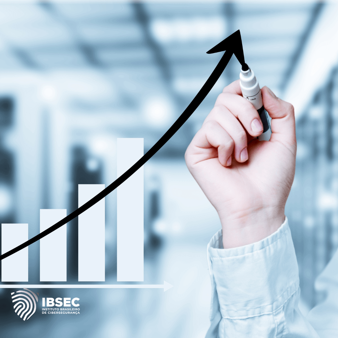 Gráfico de barras mostrando crescimento com uma linha preta em ascensão sendo desenhada por uma mão segurando um marcador, com o logotipo do IBSEC (Instituto Brasileiro de Cibersegurança) no canto inferior esquerdo. O fundo é desfocado, sugerindo um ambiente corporativo ou de escritório.