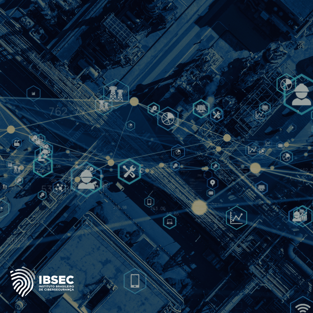 A imagem mostra uma visão aérea de uma instalação industrial complexa, possivelmente uma fábrica ou planta de processamento, com várias estruturas e equipamentos visíveis. Sobreposta à imagem, há uma rede de ícones digitais conectados por linhas e pontos, representando vários elementos e conceitos de cibersegurança e tecnologia da informação. Os ícones incluem símbolos de usuários, ferramentas, gráficos, dispositivos móveis, conectividade Wi-Fi, entre outros, indicando uma rede integrada e interconectada de sistemas e dados. No canto inferior esquerdo, está o logotipo do IBSEC (Instituto Brasileiro de Cibersegurança).