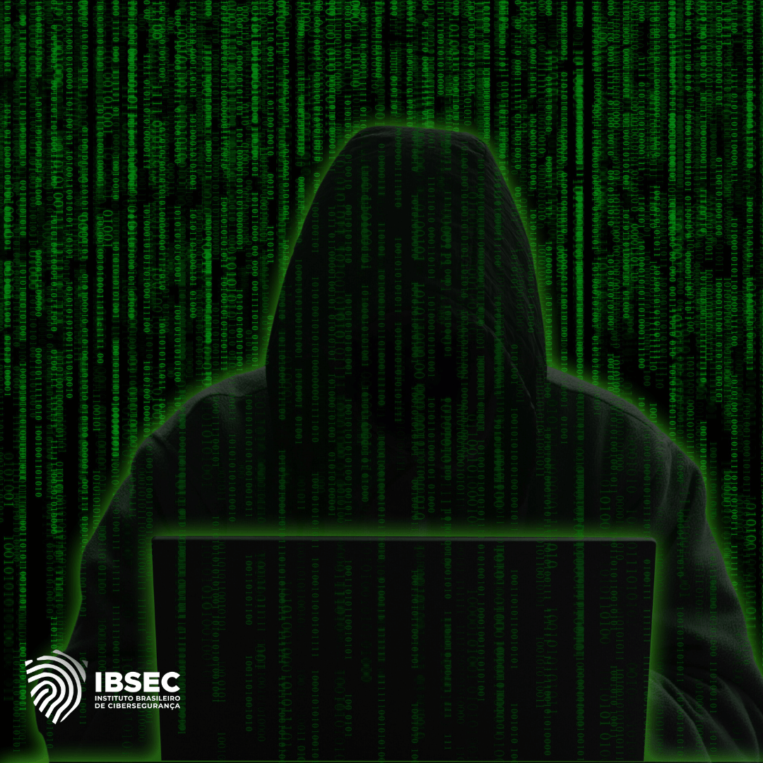 A imagem mostra uma figura sombria vestindo um capuz, sentada em frente a um laptop. A figura está cercada por linhas de código verde que lembram a estética do filme "Matrix". No canto inferior esquerdo, há o logotipo do IBSEC (Instituto Brasileiro de Cibersegurança). A imagem parece evocar a ideia de hacking ou cibersegurança.