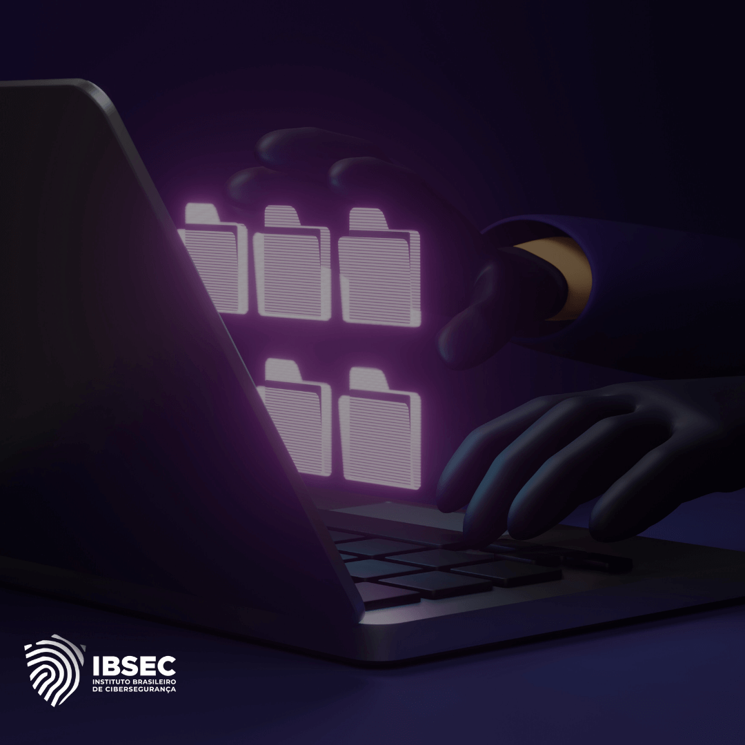 Uma imagem que mostra mãos enluvadas digitando em um teclado de laptop, com ícones de pastas brilhando em roxo na tela. No canto inferior esquerdo, o logotipo do Instituto Brasileiro de Cibersegurança (IBSEC). A imagem evoca a ideia de cibersegurança e proteção de dados.