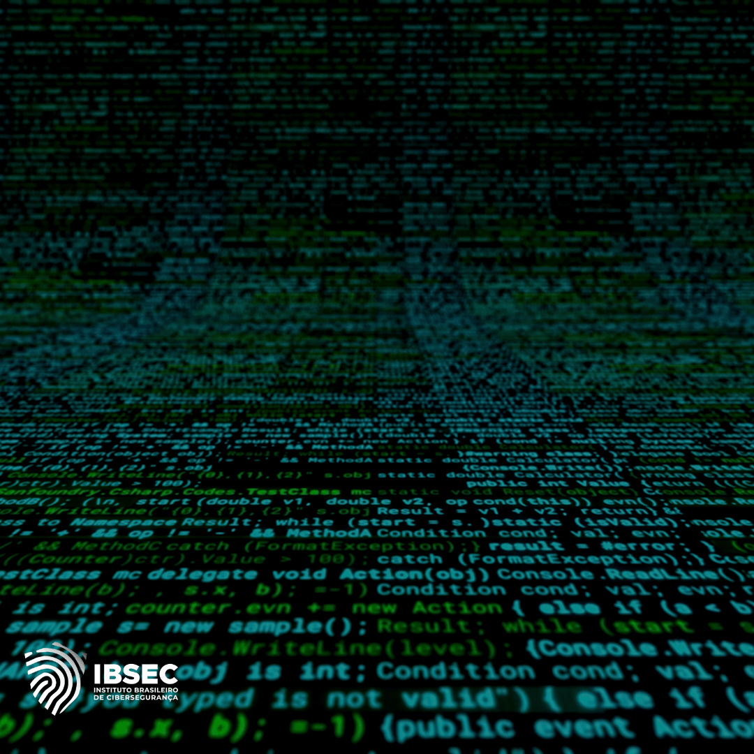 Imagem com fundo de código de programação em verde sobre um fundo preto, representando a segurança cibernética. No canto inferior esquerdo, há o logotipo do Instituto Brasileiro de Cibersegurança (IBSEC).