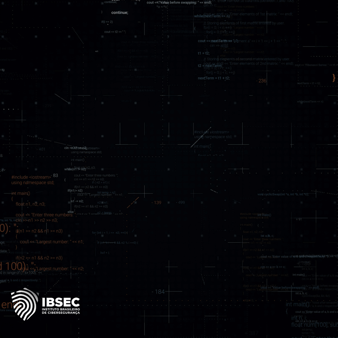 A imagem contém um fundo escuro com vários trechos de código e fórmulas matemáticas dispersos em diferentes partes. Na parte inferior esquerda, está o logotipo do IBSEC (Instituto Brasileiro de Cibersegurança), que inclui um ícone estilizado e o nome da instituição. O design geral sugere um ambiente técnico e complexo, provavelmente relacionado à cibersegurança e programação.