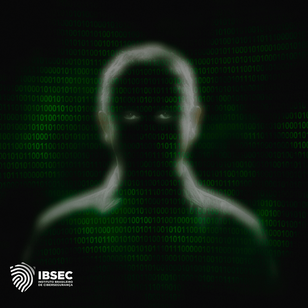 A imagem exibe uma figura humana indistinta, envolta em um fundo preto com uma sobreposição de números binários verdes (0s e 1s). A figura parece quase espectral, como se fosse composta de código digital. O logotipo do IBSEC (Instituto Brasileiro de Cibersegurança) está localizado no canto inferior esquerdo da imagem. A estética geral sugere temas de segurança cibernética, anonimato e digitalização.