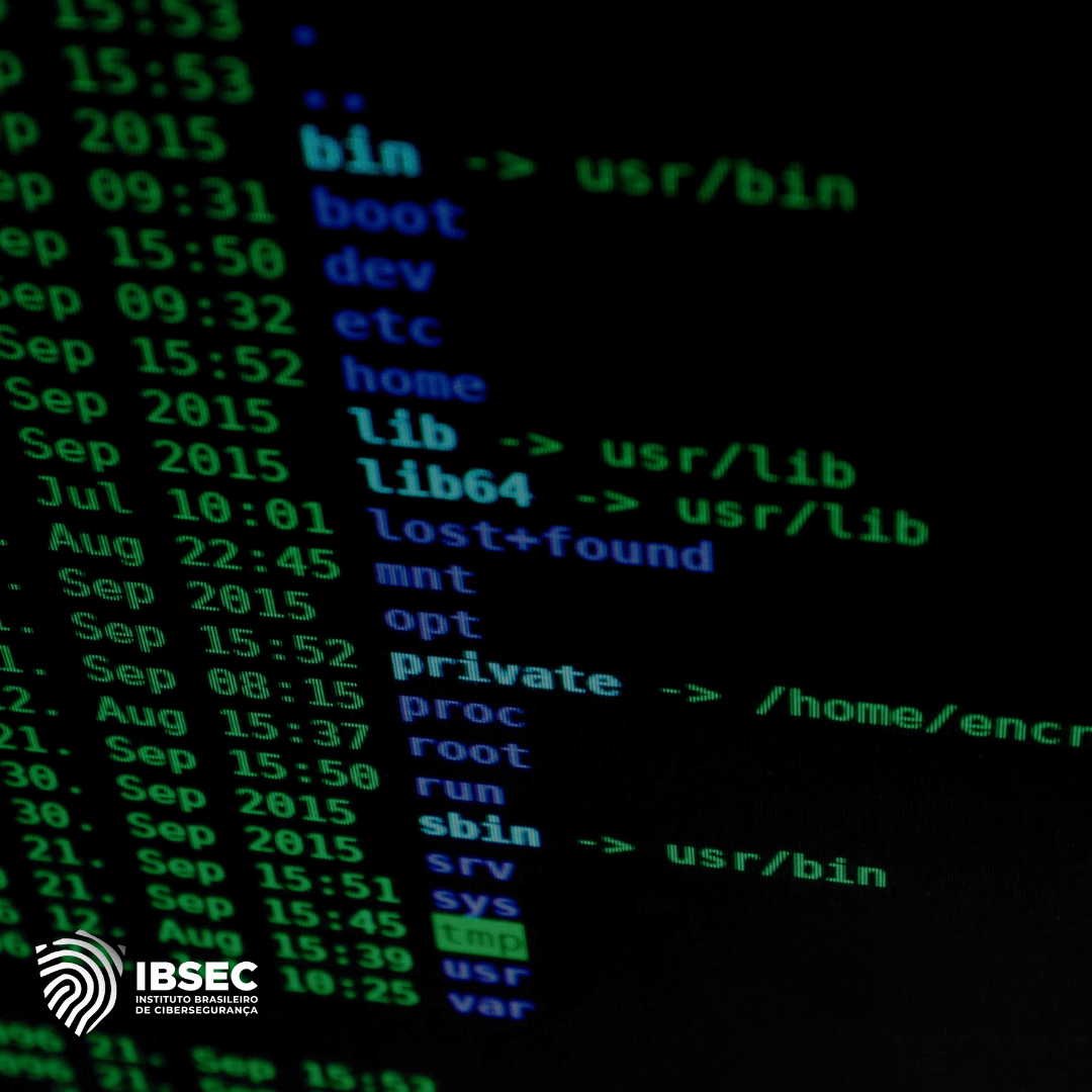 Imagem de uma tela de computador exibindo diretórios e arquivos em um sistema operacional baseado em Unix/Linux, com texto colorido em verde, azul e branco sobre um fundo preto. No canto inferior esquerdo, está o logotipo do Instituto Brasileiro de Cibersegurança (IBSEC).