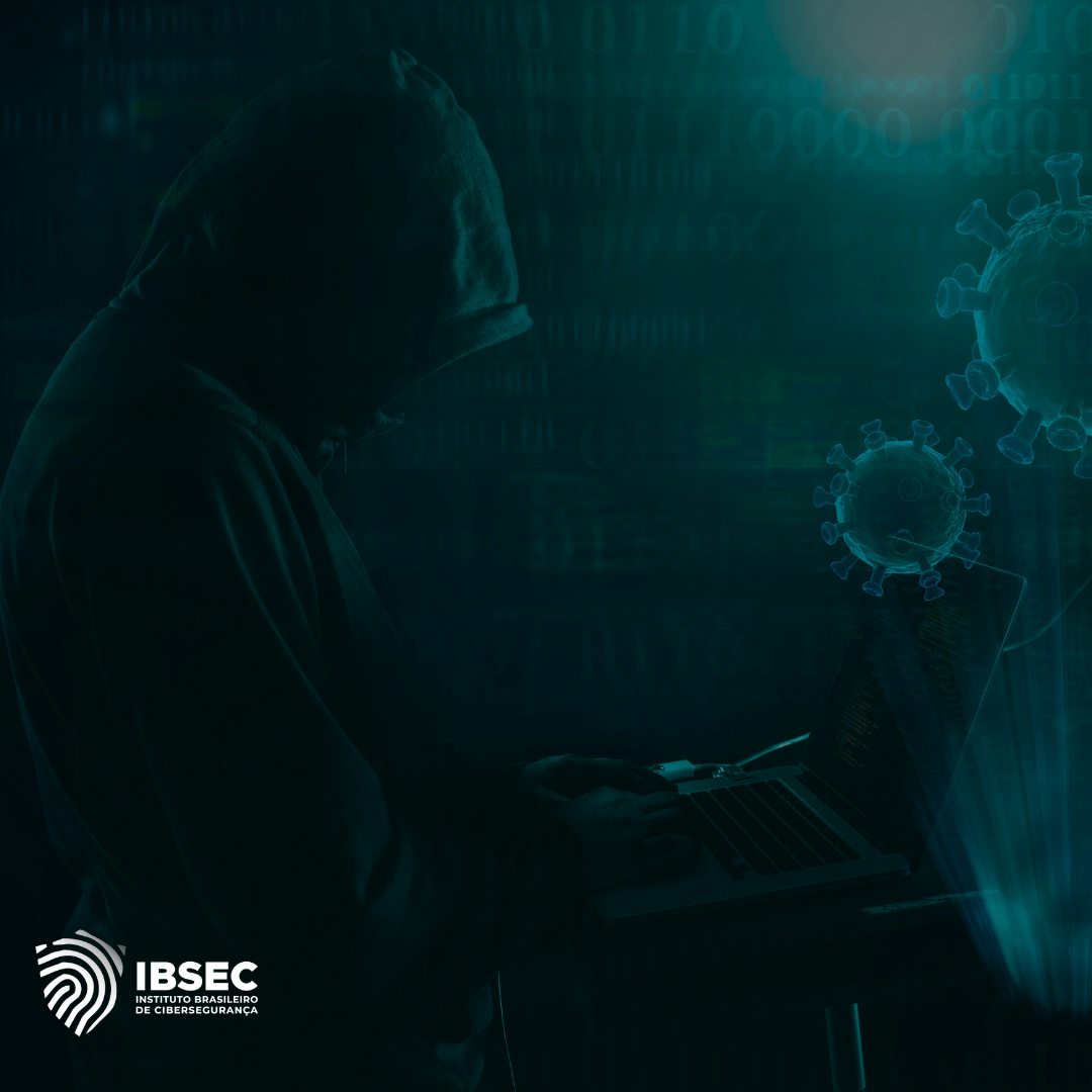 A imagem mostra uma figura encapuzada digitando em um laptop, representando um possível hacker ou criminoso cibernético. O fundo é escuro, com tons esverdeados, e contém elementos de código binário e representações gráficas de vírus, sugerindo um ambiente digital vulnerável a ataques cibernéticos. No canto inferior esquerdo, está o logotipo do Instituto Brasileiro de Cibersegurança (IBSEC). A composição transmite a ideia de ameaças cibernéticas, como ataques de malware e roubo de dados, destacando a importância da cibersegurança.