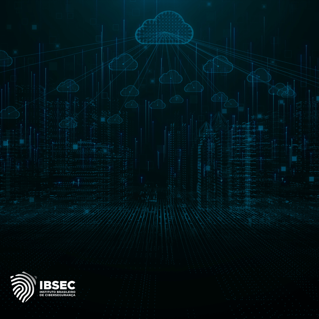 A imagem contém um fundo escuro com uma representação gráfica de uma cidade digitalizada, composta por linhas e formas que simulam edifícios e circuitos. Acima da cidade, estão várias representações de nuvens conectadas por linhas, simbolizando a infraestrutura de computação em nuvem. Abaixo à esquerda, está o logotipo do IBSEC (Instituto Brasileiro de Cibersegurança), composto por uma impressão digital estilizada e o nome da instituição ao lado. O cenário sugere uma conexão entre tecnologia e segurança na nuvem, transmitindo um ambiente digital futurista.